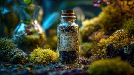 Full realistic professional photography 121 of a glass apothecary bottle, containing a medicinal herbs and dark earth, decorated with a vintage style paper label, cool twilight blue hour for a mysterious vibe, botanical terrarium aesthetic, macro details on moss and glass reflections, soft bokeh background, high-end lifestyle quality, clean and authentic look, shot on 100mm macro lens, f/2.8, no person, human, hands, face, messy, dirty