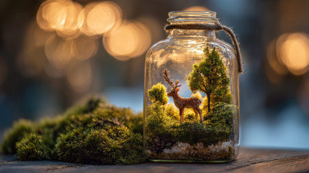 Full realistic professional photography 134 of a glass lantern with handle, containing a a miniature winter forest, decorated with a small reindeer figurine, dramatic backlighting highlighting glass edges, botanical terrarium aesthetic, macro details on moss and glass reflections, soft bokeh background, high-end lifestyle quality, clean and authentic look, shot on 100mm macro lens, f/2.8, no person, human, hands, face, messy, dirty