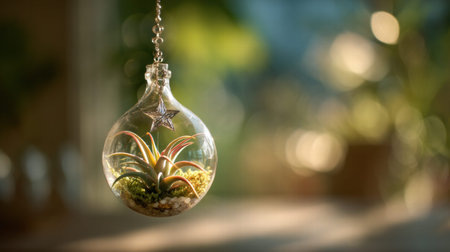 Full realistic professional photography 149 of a glass hanging bulb, containing a single air plant and a crystal, decorated with a small star charm, natural window light with soft bokeh background, botanical terrarium aesthetic, macro details on moss and glass reflections, soft bokeh background, high-end lifestyle quality, clean and authentic look, shot on 100mm macro lens, f/2.8, no person, human, hands, face, messy, dirty