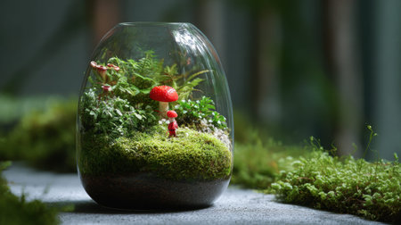 Full realistic professional photography 16 of a oval glass terrarium, containing a carnivorous pitcher plants, decorated with a small red mushroom figurine, sharp directional spotlight on the miniature figure, botanical terrarium aesthetic, macro details on moss and glass reflections, soft bokeh background, high-end lifestyle quality, clean and authentic look, shot on 100mm macro lens, f/2.8, no person, human, hands, face, messy, dirty