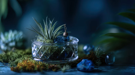 Full realistic professional photography 155 of a glass jewelry box, containing a air plants and silk flowers, decorated with a small locket charm, cool twilight blue hour for a mysterious vibe, botanical terrarium aesthetic, macro details on moss and glass reflections, soft bokeh background, high-end lifestyle quality, clean and authentic look, shot on 100mm macro lens, f/2.8, no person, human, hands, face, messy, dirty