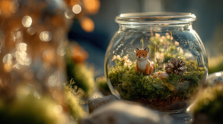 Full realistic professional photography 166 of a glass round jar, containing a forest floor with pinecones, decorated with a tiny fox figurine, sparkling light reflections on condensation drops, botanical terrarium aesthetic, macro details on moss and glass reflections, soft bokeh background, high-end lifestyle quality, clean and authentic look, shot on 100mm macro lens, f/2.8, no person, human, hands, face, messy, dirty