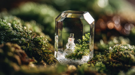 Full realistic professional photography 195 of a glass faceted box, containing a a miniature winter wonderland, decorated with a tiny snowman figurine, dramatic backlighting highlighting glass edges, botanical terrarium aesthetic, macro details on moss and glass reflections, soft bokeh background, high-end lifestyle quality, clean and authentic look, shot on 100mm macro lens, f/2.8, no person, human, hands, face, messy, dirty