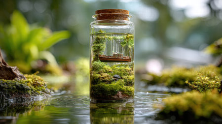 Full realistic professional photography 194 of a glass cylinder with lid, containing a a miniature tropical lagoon, decorated with a tiny boat model, natural window light with soft bokeh background, botanical terrarium aesthetic, macro details on moss and glass reflections, soft bokeh background, high-end lifestyle quality, clean and authentic look, shot on 100mm macro lens, f/2.8, no person, human, hands, face, messy, dirty