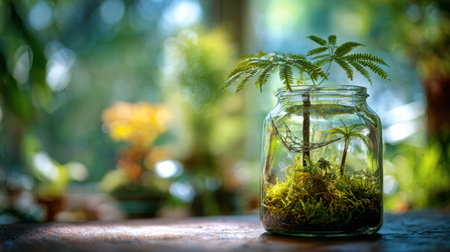 Full realistic professional photography 27 of a glass cookie jar, containing a tropical palm seedling and ferns, decorated with a tiny hammock between stems, natural window light with soft bokeh background, botanical terrarium aesthetic, macro details on moss and glass reflections, soft bokeh background, high-end lifestyle quality, clean and authentic look, shot on 100mm macro lens, f/2.8, no person, human, hands, face, messy, dirty