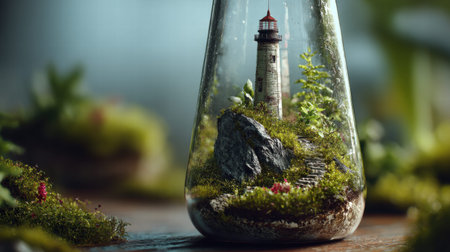Full realistic professional photography 192 of a glass tall prism, containing a a miniature lighthouse cliff, decorated with a tiny lighthouse model, moody cinematic lighting with deep contrasts, botanical terrarium aesthetic, macro details on moss and glass reflections, soft bokeh background, high-end lifestyle quality, clean and authentic look, shot on 100mm macro lens, f/2.8, no person, human, hands, face, messy, dirty