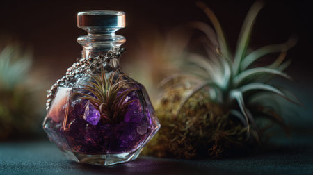 Full realistic professional photography 42 of a glass decanter, containing a air plants and amethyst stones, decorated with a small silver chain, dramatic backlighting highlighting glass edges, botanical terrarium aesthetic, macro details on moss and glass reflections, soft bokeh background, high-end lifestyle quality, clean and authentic look, shot on 100mm macro lens, f/2.8, no person, human, hands, face, messy, dirty