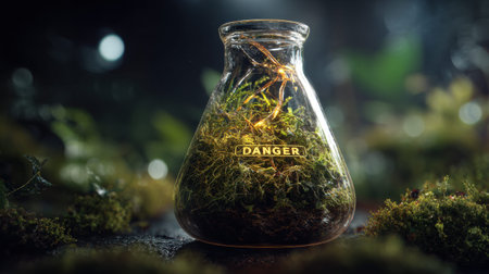 Full realistic professional photography 69 of a glass chemistry flask, containing a a jungle vine and dark moss, decorated with a small danger sign, soft magical glow from within the moss, botanical terrarium aesthetic, macro details on moss and glass reflections, soft bokeh background, high-end lifestyle quality, clean and authentic look, shot on 100mm macro lens, f/2.8, no person, human, hands, face, messy, dirty