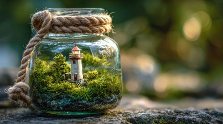 Full realistic professional photography 75 of a glass jar with rope, containing a a seaside garden with grass, decorated with a tiny lighthouse, soft magical glow from within the moss, botanical terrarium aesthetic, macro details on moss and glass reflections, soft bokeh background, high-end lifestyle quality, clean and authentic look, shot on 100mm macro lens, f/2.8, no person, human, hands, face, messy, dirty