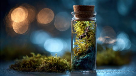Full realistic professional photography 56 of a glass cylinder with cork, containing a a miniature cave with moss, decorated with a tiny plastic bat, cool twilight blue hour for a mysterious vibe, botanical terrarium aesthetic, macro details on moss and glass reflections, soft bokeh background, high-end lifestyle quality, clean and authentic look, shot on 100mm macro lens, f/2.8, no person, human, hands, face, messy, dirty