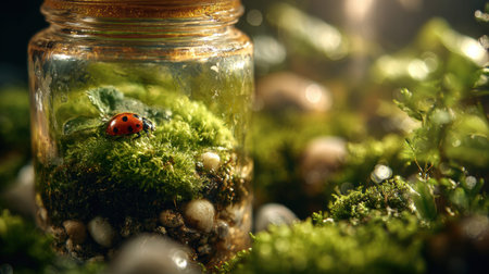 Full realistic professional photography 8 of a recycled glass jam jar, containing a soft carpet moss and pebbles, decorated with a small ladybug on a leaf, dramatic backlighting highlighting glass edges, botanical terrarium aesthetic, macro details on moss and glass reflections, soft bokeh background, high-end lifestyle quality, clean and authentic look, shot on 100mm macro lens, f/2.8, no person, human, hands, face, messy, dirty