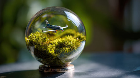 Full realistic professional photography 80 of a glass globe with stand, containing a a miniature map with moss, decorated with a tiny airplane, sharp directional spotlight on the miniature figure, botanical terrarium aesthetic, macro details on moss and glass reflections, soft bokeh background, high-end lifestyle quality, clean and authentic look, shot on 100mm macro lens, f/2.8, no person, human, hands, face, messy, dirty