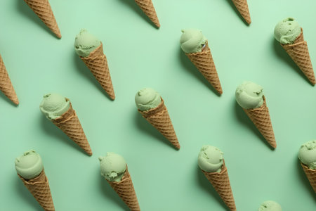 Pistachio ice cream in waffle cones pattern on green background, top view. Generative AI.の素材