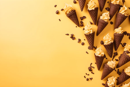 Ice cream in chocolate waffle cones and chocolate chips on yellow background with copy space, top view. Generative AI.の素材