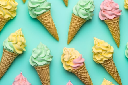 Colorful ice cream in waffle cones pattern on blue background, top view. Generative AI.の素材