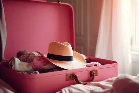 Open pink suitcase with summer clothes and a hat on the bed in the bedroom. Packing things for travel, preparing for vacation. Generative AI.の素材
