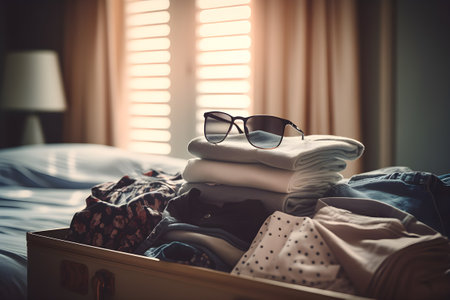 Open suitcase with clothes and sunglasses on top of the bed in the bedroom. Packing things for travel, preparing for vacation. Generative AI.の素材