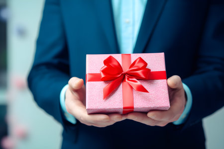 Man in a business suit and a blue shirt is holding in his hands a pink gift box with a red bow, close up view. Generative AI.の素材