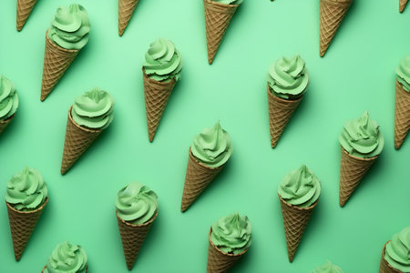 Pistachio or mint ice cream in waffle cones pattern on green background, top view. Generative AI.の素材