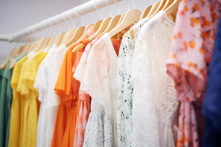Hangers with colorful summer clothes in the store. Generative AI.の素材