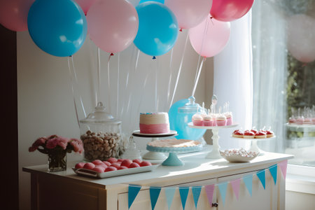 gender reveal party. Table with sweets and cake decorated with balloons and flags in blue and pink colors. Generative AI.の素材