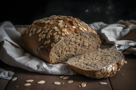 Sliced vegan bread with oatmeal, close up view. Generative AI.の素材
