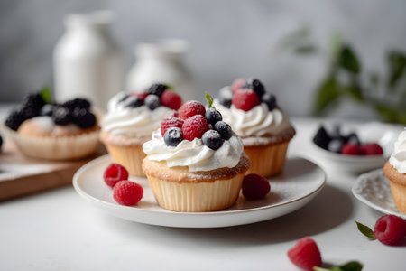 Cupcakes with cream and berries. Delicious dessert. Generative AI.の素材