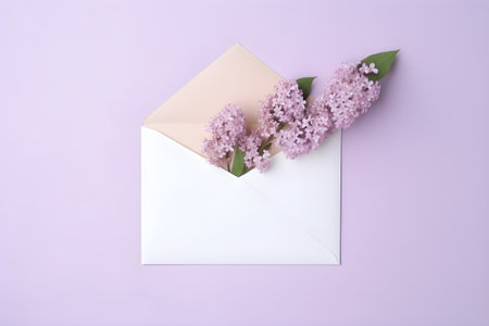 Lilac flowers sprig in white open envelope on purple background, top view. Generative AI.の素材