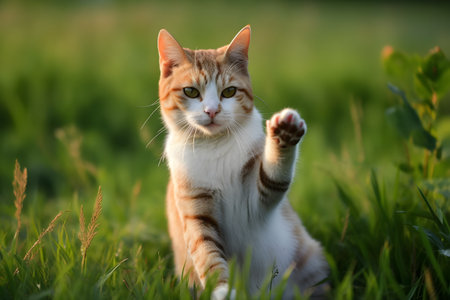 Funny tabby cat with its front paw raised sitting in the grass, copy space. Generative AI.の素材