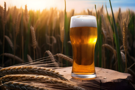 Glass of light wheat beer in the wheat field with copy space. Generative AI.の素材