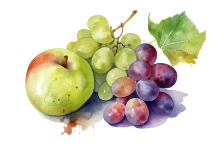 Bunch of grapes and apple on white background, watercolor illustration. Generative AI.の素材