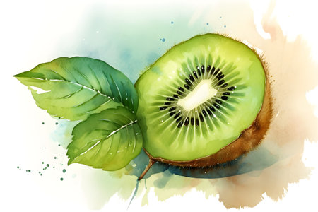 Ripe kiwi on white background, watercolor illustration. Generative AI.の素材