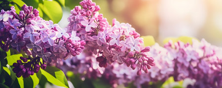 Lilac flowers banner with copy space. Beautiful natural floral background. Generative AI.の素材