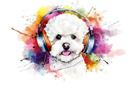 Bichon Frize dog in headphones with colorful splashes on white background. watercolor painting. Generative AI.の素材