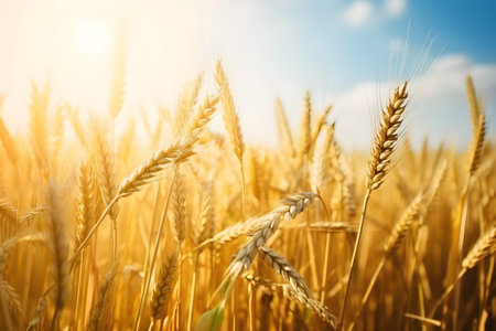 Field of ripe wheat with a sunshine and blue sky. Beautiful natural background with copy space. Generative AI.の素材
