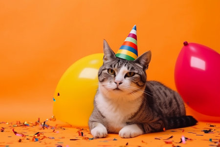 Cat wearing a party hat on a green background with the balloons and confetti. Generative AI.の素材