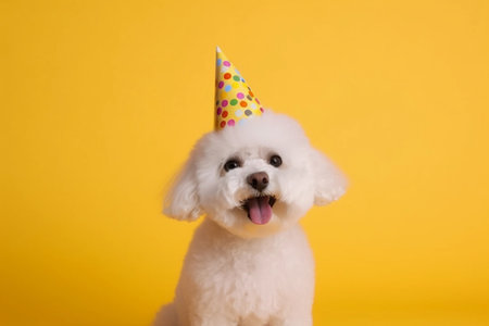 Happy Bichon Frize dog in a party hat on yellow background with copy space. Generative AI.の素材