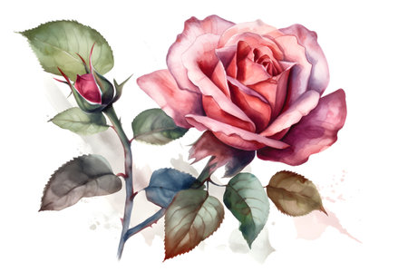 Beautiful watercolor rose flower and a bud on white background. Generative AI.の素材