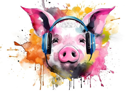 Pig's head in headphones with colorful splashes on white background. watercolor painting. Generative AI.の素材