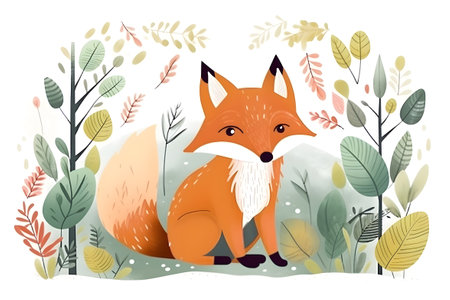 Cute fox in the forest. Simple flat illustration for kids. Generative AI.の素材
