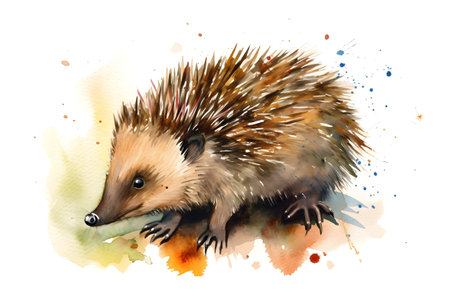 Watercolor hedgehog with color splashes on white background. Generative AI.の素材