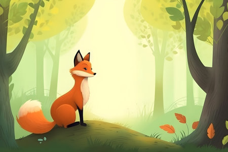 Fox sitting in a forest clearing. Cute flat illustration for kids. Generative AI.の素材