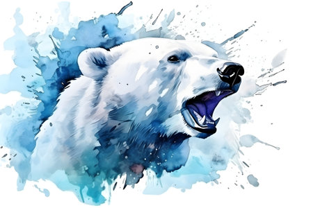 Watercolor polar bear's head with blue color splashes on white background. Generative AI.の素材