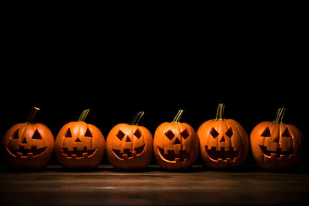 Halloween pumpkins in a row on the table on a black background with copy space. AI generated.の素材