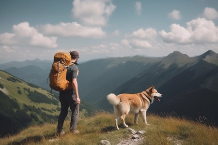 Man with a tourist backpack is hiking with his dog in the mountains. Traveling with pet concept. AI generated.の素材