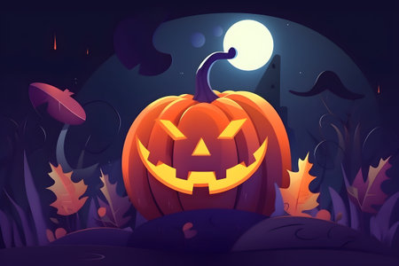 Illustration of scary halloween pumpkin with glowing eyes and mouth on a moonlit night. AI generated.の素材