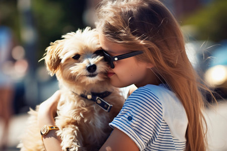 Girl is holding her dog on her hands in the street. AI generated.の素材