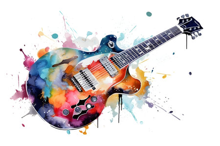 Watercolor guitar with color splashes on white background. AI generated.の素材