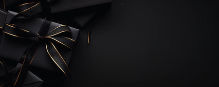 Black Friday sale concept banner. Gift boxes on a dark background with copy space. AI generated.の素材