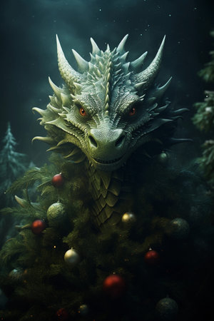 Dragon decorated by Christmas tree. Symbol of Chinese new year 2024. AI generated.の素材